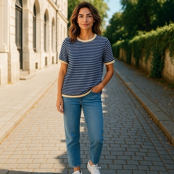 Tops - Classic Blue and Cream Striped Women's Short-Sleeve Sweater